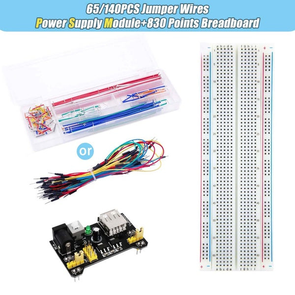 1set MB102 Breadboard Power Module 3.3V 5V 830 Points Solderless Prototype Bread Board 830 Point+65-140PCS Jumper Wires Cables Electronics fun Kit fo