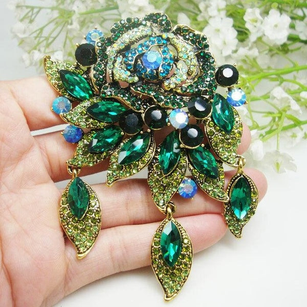 Crystal Brooch Charming Green Rose Flower Woman Pendant Brooch Pin Corsage
