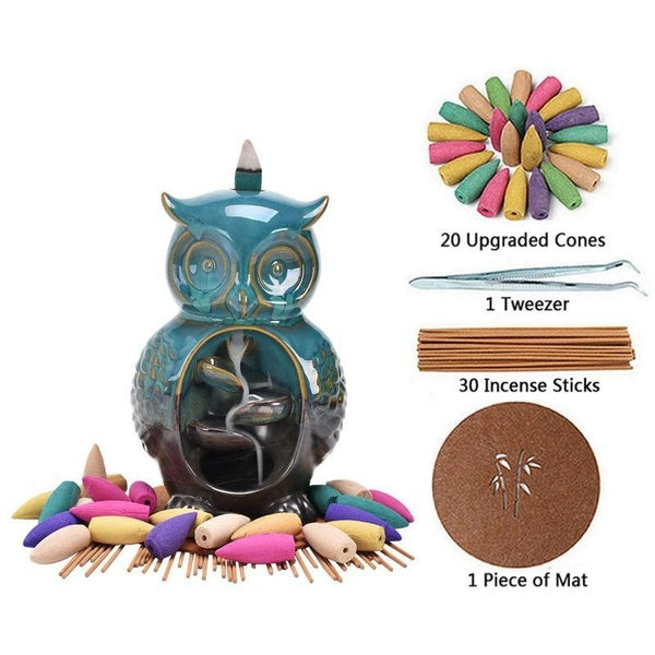 Backflow Incense Burner Holder Owl Shape Waterfall Porcelain Incense Holder Home Decor with Incense Cone Sticks Holder Incense Sticks Backflow Incens