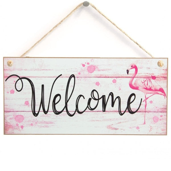 Welcome Flamingo Wooden Sign Wall Decor 12.5cm X 25cm
