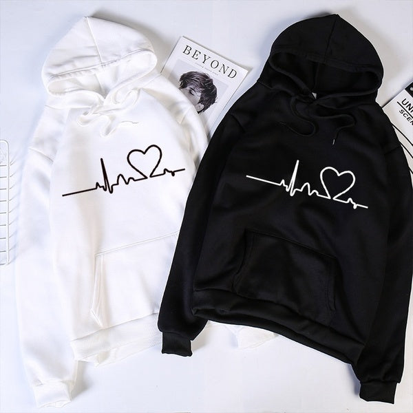 New Autumn-Winter Heartbeat Print Loose Hoodie for Women Long Sleeve Sports Pullover Hooded Sweatshirt Tops