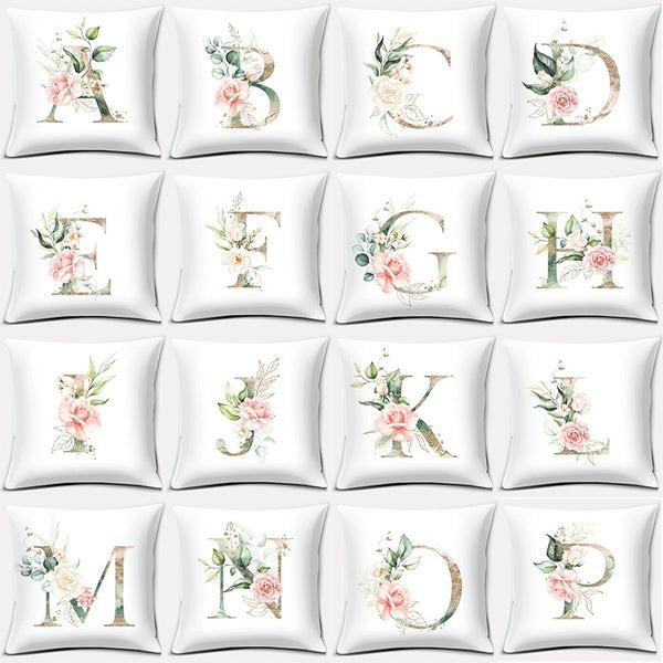 Green flowers and letters Series Pillow Gift Home Office Decoration Pillow Bedroom Sofa Car Cushion Cover (45cm * 45cm)