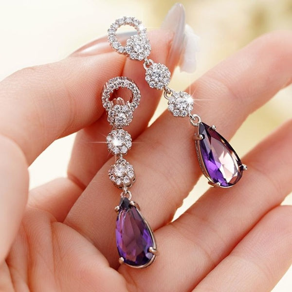 1 paire de boucles d'oreilles en pierres précieuses de mariage, en forme de larme, d'améthyste, pendantes pour femmes, bijoux de fiançailles et de ma
