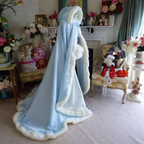 Light blue Winter Wedding Cloaks Coat Medieval Hooded Long Bridal Cape Shawl Women Wrap Shrug