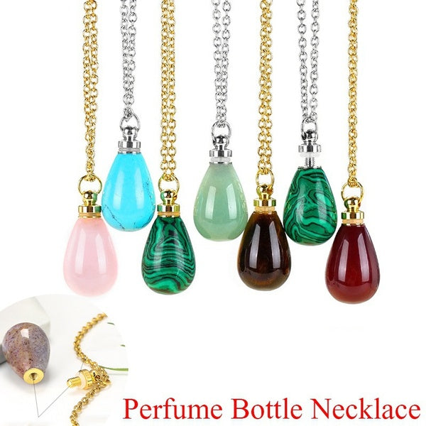 Natural Gemstone Perfume Bottle Necklace Essential Oil Diffuser Pendant Tiger Eye Turquoise Drop Shape Charm Jewelry for Woman