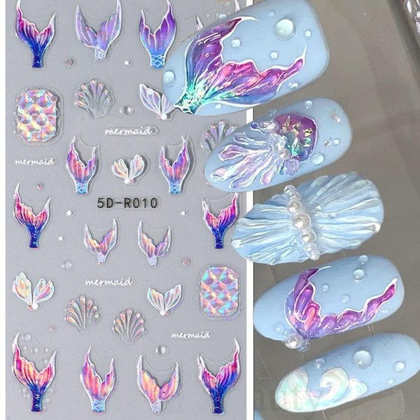 Shining Mermaid Nail Stickers Holographic Shell Star Fish 5D Decals Sea Animal Jellyfish Nail Art Sliders Scrub Summer Design