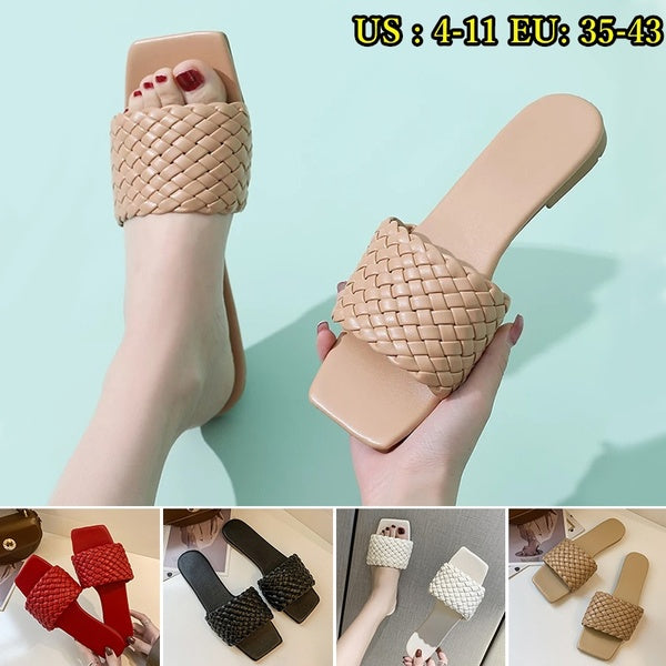 Sandales pour femmes Chaussures d'été Sandales plates Chaussures de plage Pantoufles carrées à bout ouvert