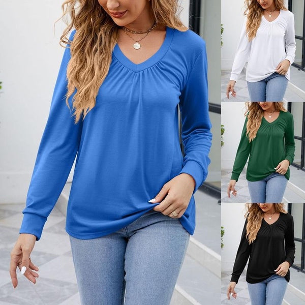 Women's Fashion Casual V Neck Long Sleeve Blouses Ladies Pleated T-shirts Female Solid Color Shirts Plus Size