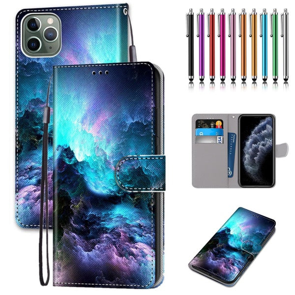 Couverture à rabat en cuir PU avec motif de nuages colorés avec protection de porte-cartes pour téléphone portable avec stylet pour iPhone 14 14Pro 1