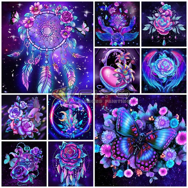 DIY 5D Purple Flowers Burtterfly Diamond Painting Full Drill with Number Kits Home and Kitchen Fashion Crystal Rhinestone Cross Stitch Embroidery Pai