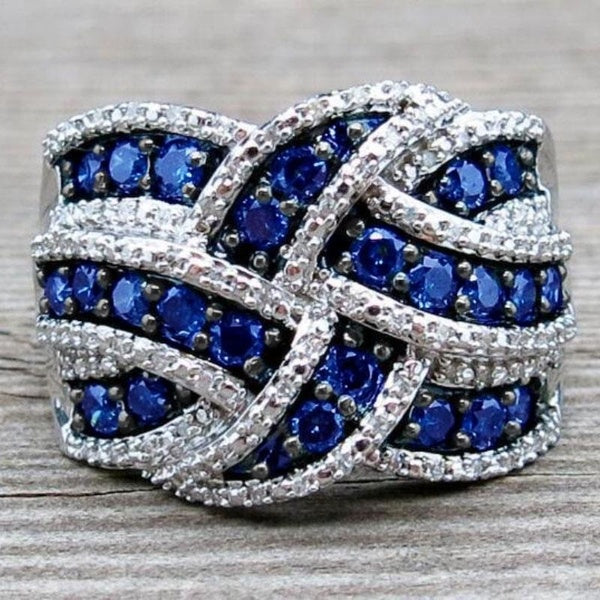 Trendy Multilayer Intertwined Blue Sapphire Rings for Women Engagement Wedding Band Jewelry