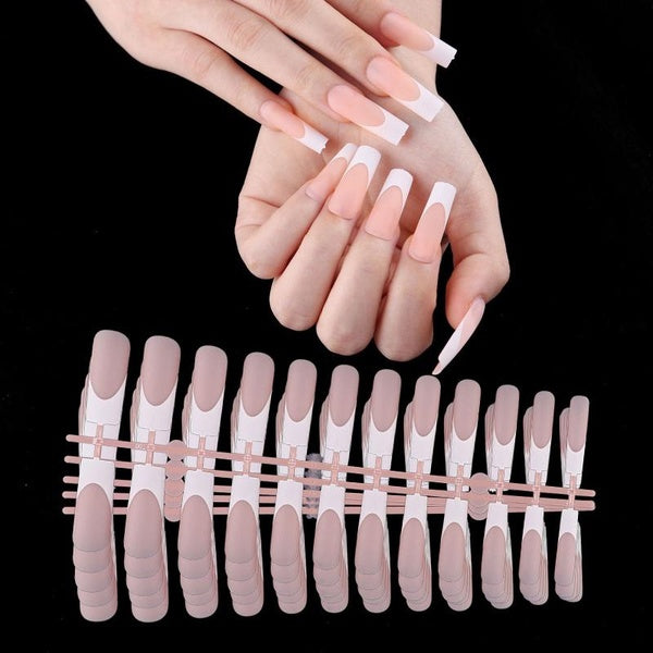 120PCS Long Square Press on Nails Pink White French Fake Nails Glossy Nude Full Cover Black Xl False Nails for Women and Girls Manicure Nail Art Desi