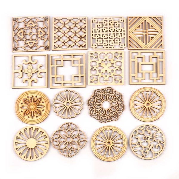 5Pcs-Pack Mix Round-Square Pattern Unfinished Wood Decoration For DIY Crafts Scrapbook Home Handmade Wood Embellishments MT2173