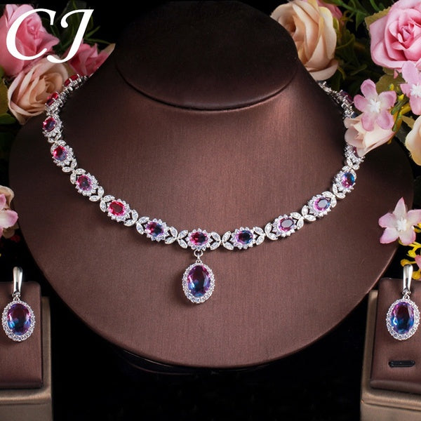 CANDICE éblouissant mystique dégradé ovale gemme pavé CZ charme fleur collier ras du cou et boucles d'oreilles ensemble pour ensembles de bijoux de f