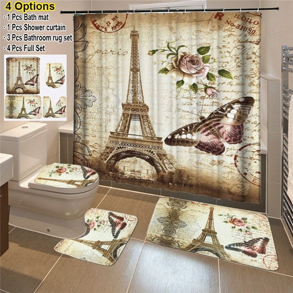 4-3-1 Pcs 3D Retro Paris Eiffel Tower Style Landscape Shower Curtain Set Decro Waterproof Shower Curtain+ Non Slip Bathroom Pedestal Rug + Toilet Lid