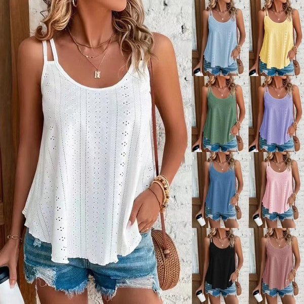 Mode féminine col en U sans manches Blouses dames confortable respirant fronde chemises Camisole été ample évidé t-shirts grande taille