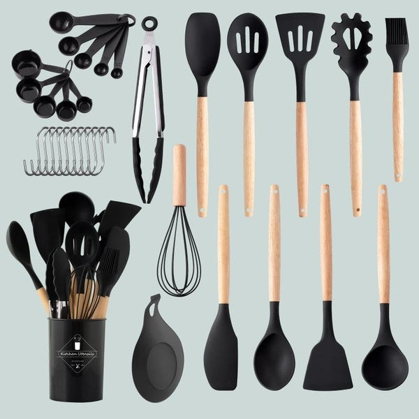 Chef Kitchen Cooking Utensils Set, 12-33 pcs Non-Stick Silicone Cooking Kitchen Utensils Spatula Set with Holder, Black Wooden Handle Silicone Kitche
