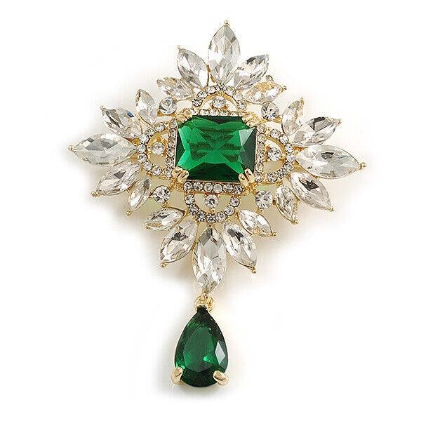 Statement Victorian Style Green-Clear Austrian Crystal Charm Brooch-Pendant in