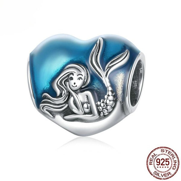 Exquis bleu émail amour coeur charme 925 en argent Sterling perles de sirène ajustement Bracelet collier bricolage pour la fabrication de bijoux