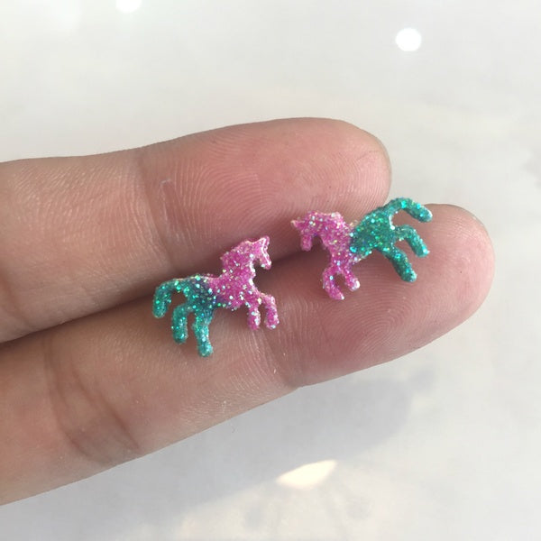 Cute Girl Colorful Unicorn Earring Lovely Animal Glitter Tiny Unicorn Horse Stud Earrings Female Mini Colorful Resin Over 925 Silver Ears Jewelry Gif