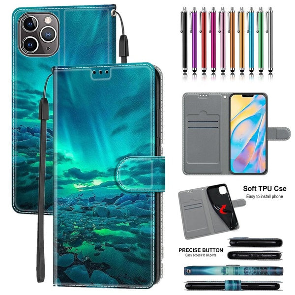 Étui à rabat en cuir PU motif aurore verte avec protection de porte-cartes étui pour téléphone portable avec stylet pour iPhone 14 14Pro 14Plus 14Pro