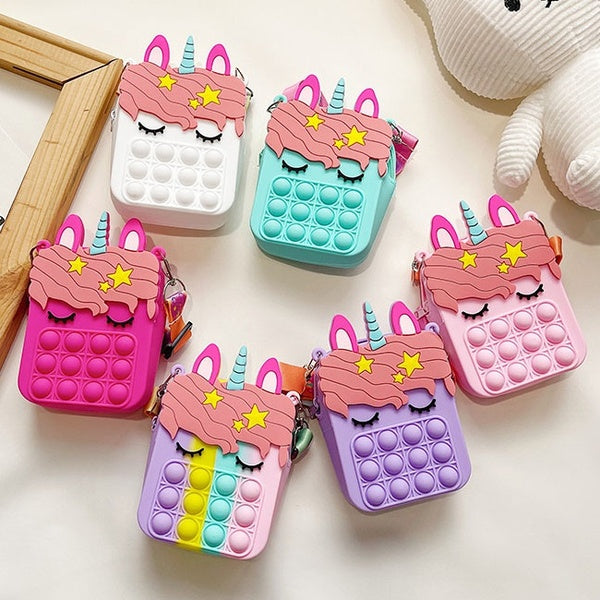 Cute Rainbow Unicorn Bag Fidget Toys Coin Purse Cosmetic Bag For Kids Girls Pop Bubble Antistress Simple Dimple Storage Bag