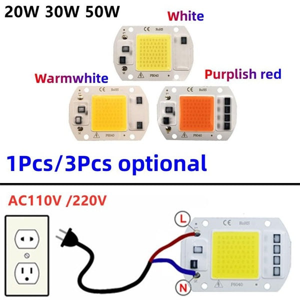 1pcs-3pcs Optional AC110V or AC220V COB LED Chip 20W 30W 50W Smart IC LED Lamp White-Warmwhite-Purplish Red UV Light No Need Driver Grow Light Chip F