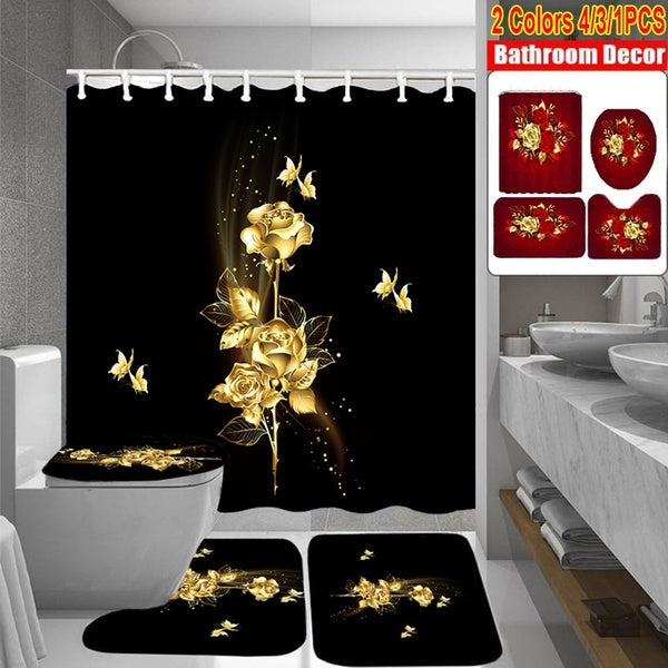 3D Gold-Red Rose Shower Curtain Sets Decro with Non-Slip Rug Toilet Lid Cover Bath Mat Rose Shower Curtain Waterproof Shower Curtain for Bathroom wit
