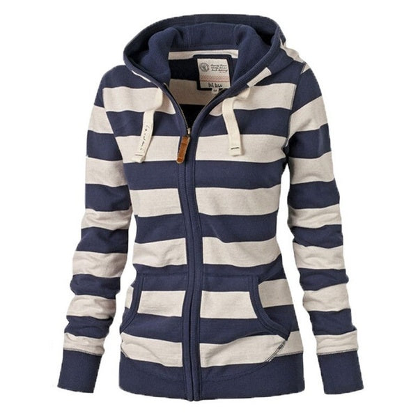 Women Fashion Striped Zipper Casual Hoodie Coat Winter New Fashion Sweatshirts Outwear