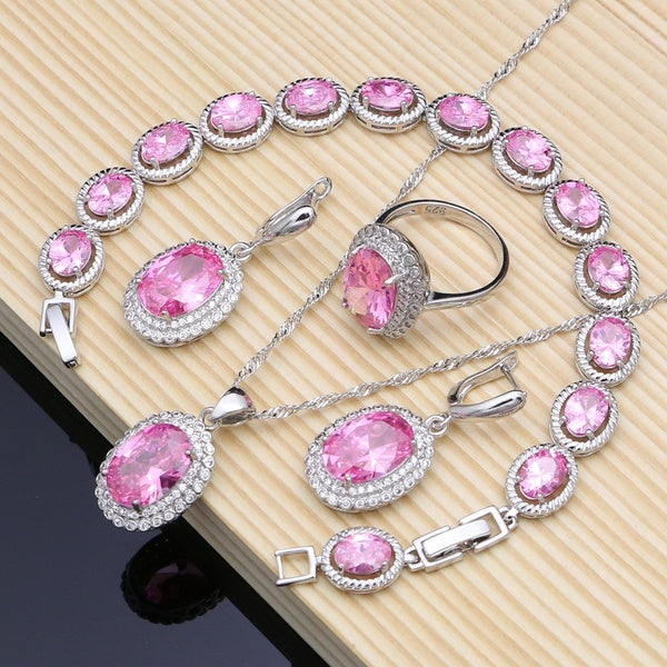 Romantique Argent 925 Ensemble de Bijoux Princesse Rose Topaze Charme pour Femmes Pierres Boucles D'oreilles Anneaux Bracelet Collier Ensemble