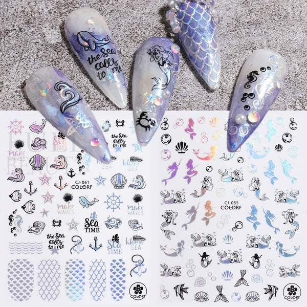 3D Summer Beach Coconut Tree Nail Stickers Laser Flamingo Mermaid Adhesive Slider Leaf Plant Decals Nail Art Decoration TRCJ-062
