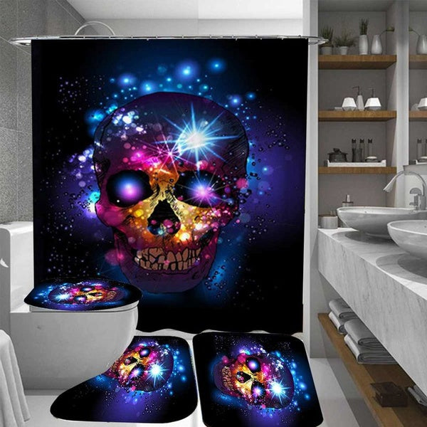 Halloween Skull 1Pcs-3Pcs-4Pc Bathroom Set Shower Curtain Toilet Cover Mat Non-Slip Rug Set Waterproof Shower Curtain with 12 Hook