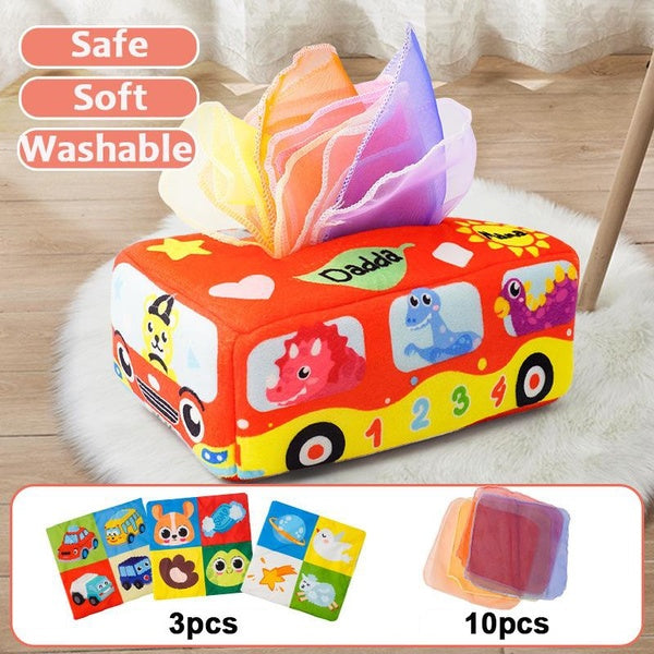 Montessori Toys for Baby 0-18 Months Infant Toddlers Tissue Box Colorful Soft Sensory Toy Untearable Tissues for Toddler Finger Exercise