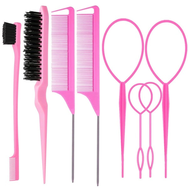 8Pcs Hair Brushes Set With 4Pcs Topsy Hair Tail Tools 1Pcs Bristle Teasing Hair Brush 1Pcs Edge Control Brush 2Pcs Metal Pin Rat Tail Combs For Woman