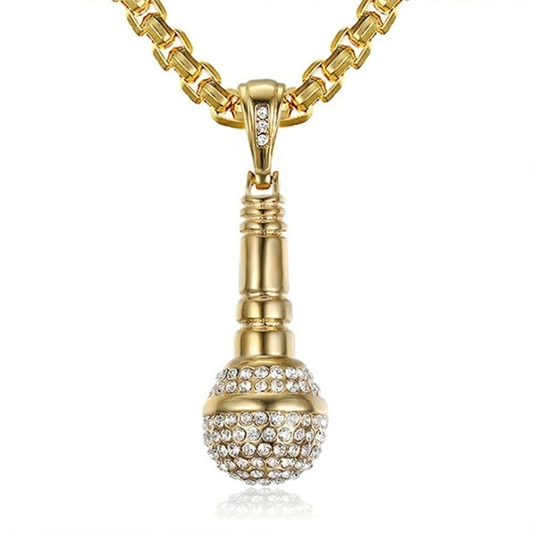 Nouveau collier de microphone plaqué or en acier au titane pendentif de microphone incrusté de rock hip hop