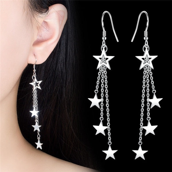 1 paire de boucles d'oreilles en argent 925 pour femmes avec 3 étoiles pendantes longues glands crochet d'oreille bijoux de mode (longueur: 88mm)