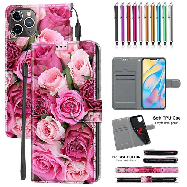 Étui à rabat en cuir PU à motif rose rose avec porte-cartes de protection pour téléphone portable avec stylet pour iPhone 14 14Pro 14Plus 14Pro Max S