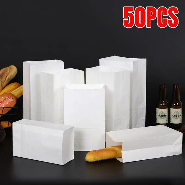 50pcs Paper Bags White Paper Grocery Bag Paper Carrier Bags Kraft Paper Takeaway Food Lunch Bags Kitchen