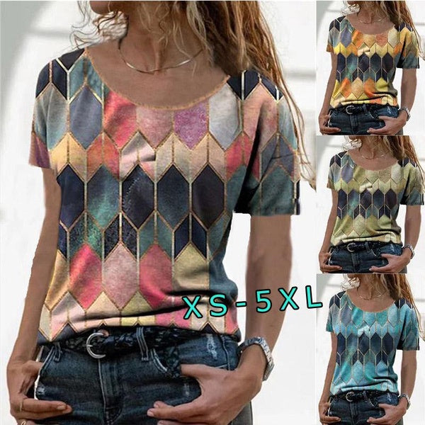 XS-5XL Women's Short Sleeve Plus Size T-shirt Ladies Fashion Printed Blouses Summer Cotton Tee Shirts Casual Crew Neck Tunic Tops Loose Pullover Shir