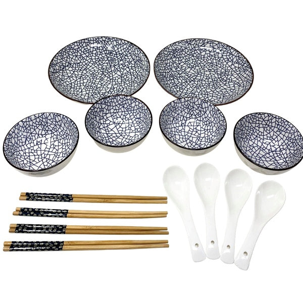 TJ Global 14-Piece Japanese Asian Cuisine Bowl Set with 4 Bowls, 4 Pairs of Chopsticks, 4 Soup Spoons and 2 Deep Plates for Serving Dinner, Rice, Sou