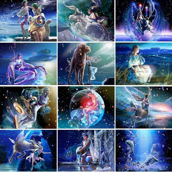 5D DIY Diamond Painting Kits for Adults Full Drill Twelve Constellations Cross Stitch Arts Craft Canvas for Home Wall Decor Gift