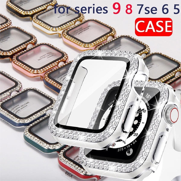 Diamond case with tempered glass for Apple Watch series 9 8 7 41mm 45mm 6 SE 40mm 44mm 38mm 42mm for iWatch Accessories cover +Screen Protector 5 4 3