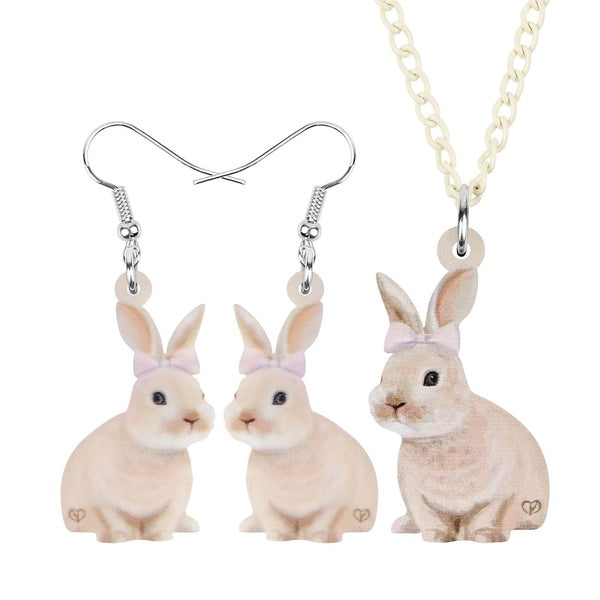 Acrylic Easter Pink Bowknot Bunny Rabbits Jewelry Sets Lovely Animal Dangle Drop Earrings Necklace Choker Ornaments Decoration For Women Teens Girls