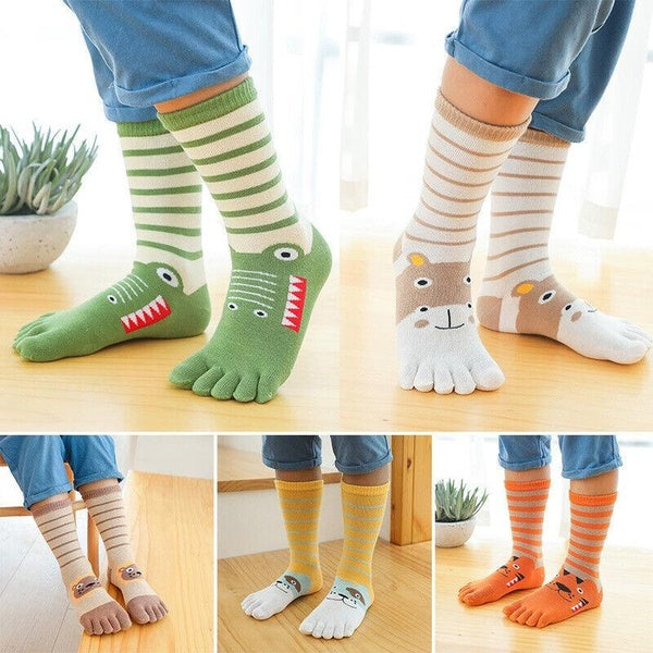 Cute Boys Girls Five Fingers Toe Socks Kids Cartoon Striped Cotton Long Socks