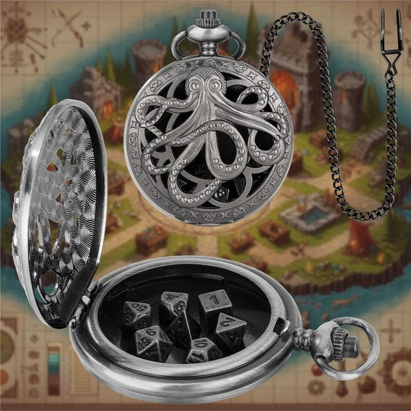 7pcs-set Metal Dices Gaming Polyhedral Dice with Hollow Octopus Pocket Watch Case Pendant Chain