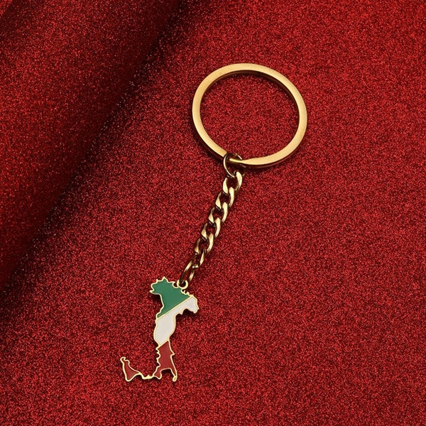 Porte-clés drapeau carte d'italie en acier inoxydable, couleur argent, or, bijoux italiens