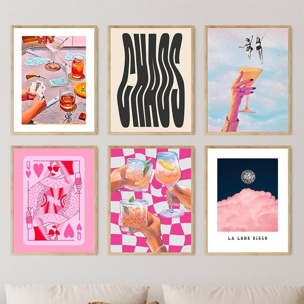 6pcs Preppy Aesthetics Wall Art Print, Queen of Hearts Playing Card Poster, Pink Girly Wall Art Canvas Painting, Funky Wall Art Roommate Gift, Bar Ca