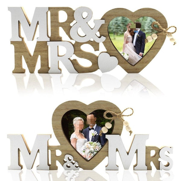 Creative Mr & Mrs Love Heart Photo Frame Wooden Carving Craft Home Desktop Handicraft Decorations Wedding Anniversary Ornaments