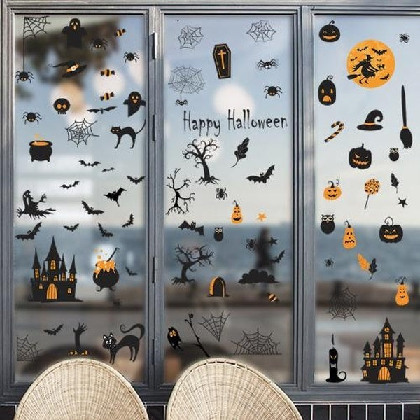 PVC Halloween Pumpkin Spider Skull Ghost Black Cat Castle Witch Candy Window Clings Decor Decorations Stickers Halloween Cute Cartoon Window Stickers