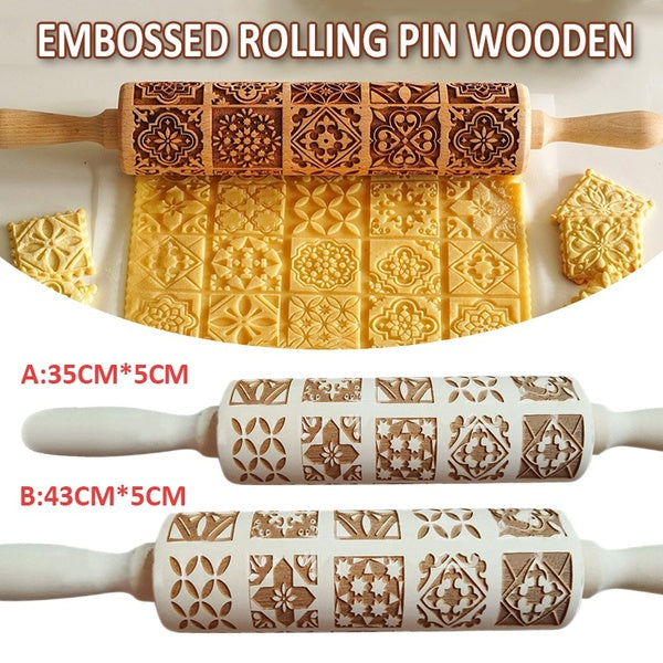 New Fashion Wooden Rolling Pin Retro Embossing Engraved Dough Cookies Roller Home Kitchen Tool